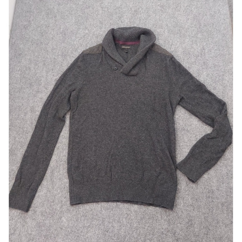 Banana Republic Wool Sweater Mens Large Tall Gray Shawl Collar Quilted Shoulders